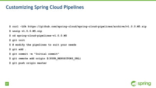 87
Customizing Spring Cloud Pipelines
$ curl -LOk https://github.com/spring-cloud/spring-cloud-pipelines/archive/v1.0.0.M5.zip
$ unzip v1.0.0.M5.zip
$ cd spring-cloud-pipelines-v1.0.0.M5
$ git init
$ # modify the pipelines to suit your needs
$ git add .
$ git commit -m "Initial commit"
$ git remote add origin ${YOUR_REPOSITORY_URL}
$ git push origin master
 