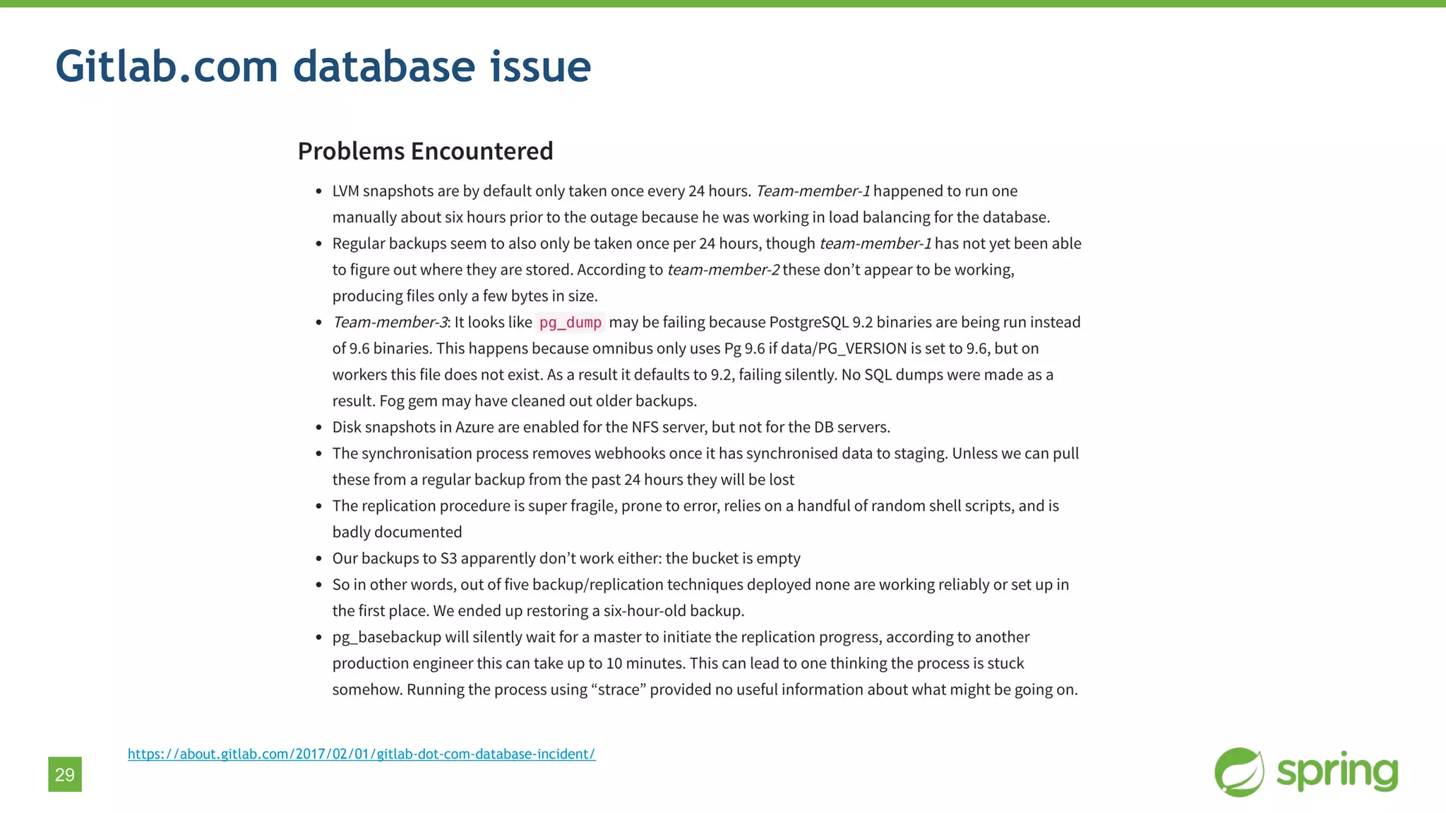 29
Gitlab.com database issue
https://about.gitlab.com/2017/02/01/gitlab-dot-com-database-incident/
 