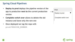 107
Spring Cloud Pipelines
• Deploy to prod deploys the pipeline version of the
app to production next to the current production
version
• Complete switch over allows to delete the old
instance and leave only the new one
• Once deployed we tag the repo with
prod/VERSION_NUMBER
 