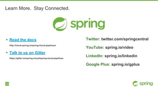 126
Learn More. Stay Connected.
▪ Read the docs
http://cloud.spring.io/spring-cloud-pipelines/
▪ Talk to us on Gitter
https://gitter.im/spring-cloud/spring-cloud-pipelines
Twitter: twitter.com/springcentral
YouTube: spring.io/video
LinkedIn: spring.io/linkedin
Google Plus: spring.io/gplus
 