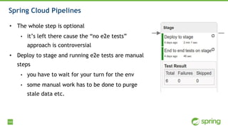 100
Spring Cloud Pipelines
• The whole step is optional
• it’s left there cause the “no e2e tests”
approach is controversial
• Deploy to stage and running e2e tests are manual
steps
• you have to wait for your turn for the env
• some manual work has to be done to purge
stale data etc.
 