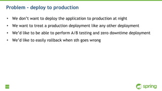 103
Problem - deploy to production
• We don’t want to deploy the application to production at night
• We want to treat a production deployment like any other deployment
• We’d like to be able to perform A/B testing and zero downtime deployment
• We’d like to easily rollback when sth goes wrong
 