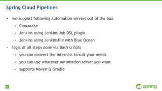 45
Spring Cloud Pipelines
• we support following automation servers out of the box
• Concourse
• Jenkins using Jenkins Job DSL plugin
• Jenkins using Jenkinsfile with Blue Ocean
• logic of all steps done via Bash scripts
• you can convert the internals to suit your needs
• you can use whatever automation server you want
• supports Maven & Gradle
 