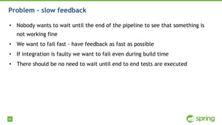 62
Problem - slow feedback
• Nobody wants to wait until the end of the pipeline to see that something is
not working fine
• We want to fail fast - have feedback as fast as possible
• If integration is faulty we want to fail even during build time
• There should be no need to wait until end to end tests are executed
 