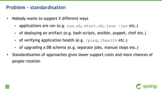 75
Problem - standardisation
• Nobody wants to support X different ways
• applications are ran (e.g. run.sh, start.sh, java -jar etc.)
• of deploying an artifact (e.g. bash scripts, ansible, puppet, chef etc.)
• of verifying application health (e.g. /ping, /health etc.)
• of upgrading a DB schema (e.g. separate jobs, manual steps etc.)
• Standardisation of approaches gives lower support costs and more chances of
people rotation
 