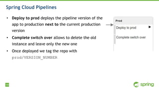 106
Spring Cloud Pipelines
• Deploy to prod deploys the pipeline version of the
app to production next to the current prod...
