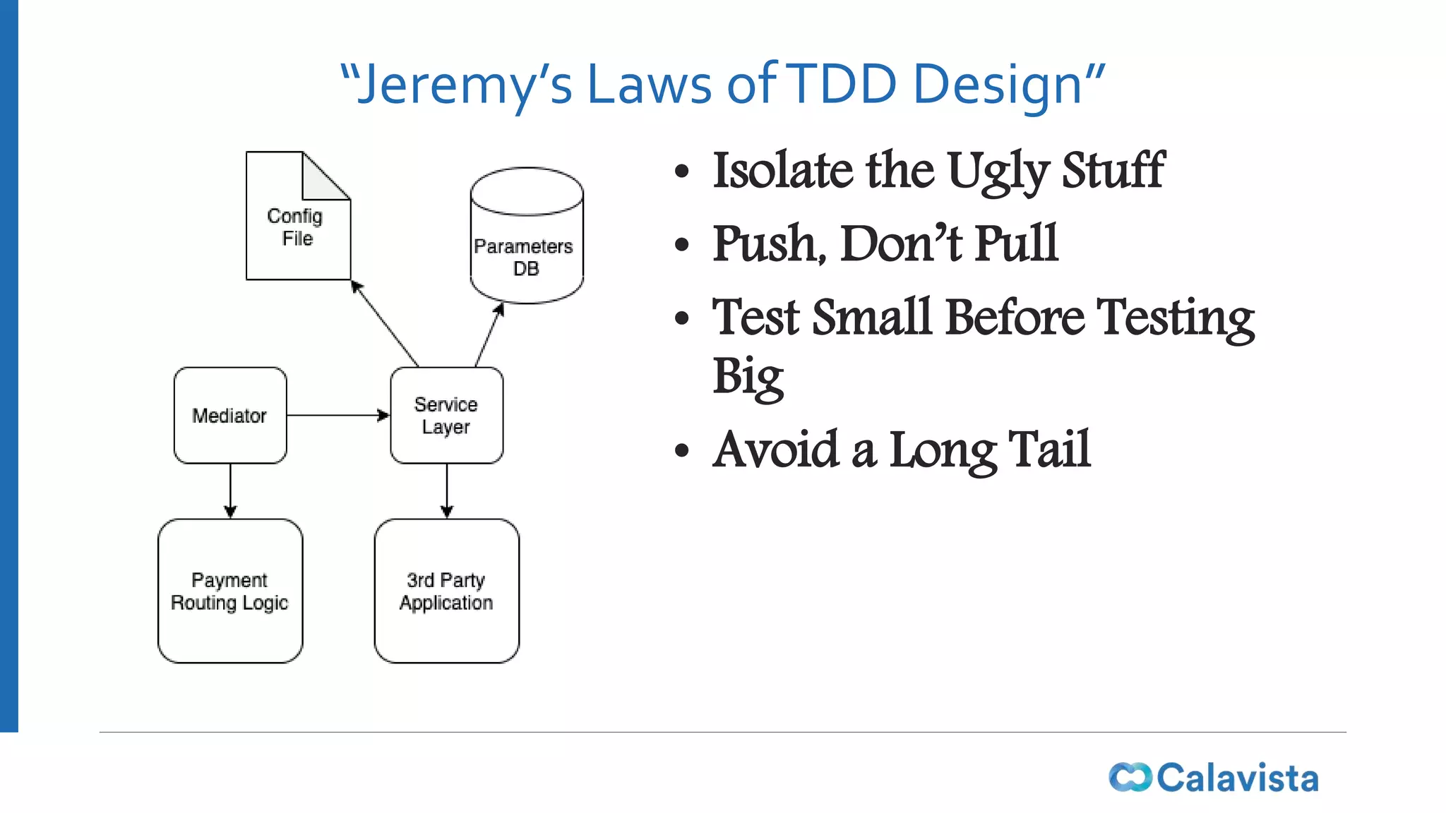 “Jeremy’s Laws ofTDD Design”
• Isolate the Ugly Stuff
• Push, Don’t Pull
• Test Small Before Testing
Big
• Avoid a Long Tail
 