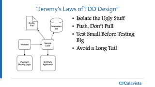 “Jeremy’s Laws ofTDD Design”
• Isolate the Ugly Stuff
• Push, Don’t Pull
• Test Small Before Testing
Big
• Avoid a Long Tail
 