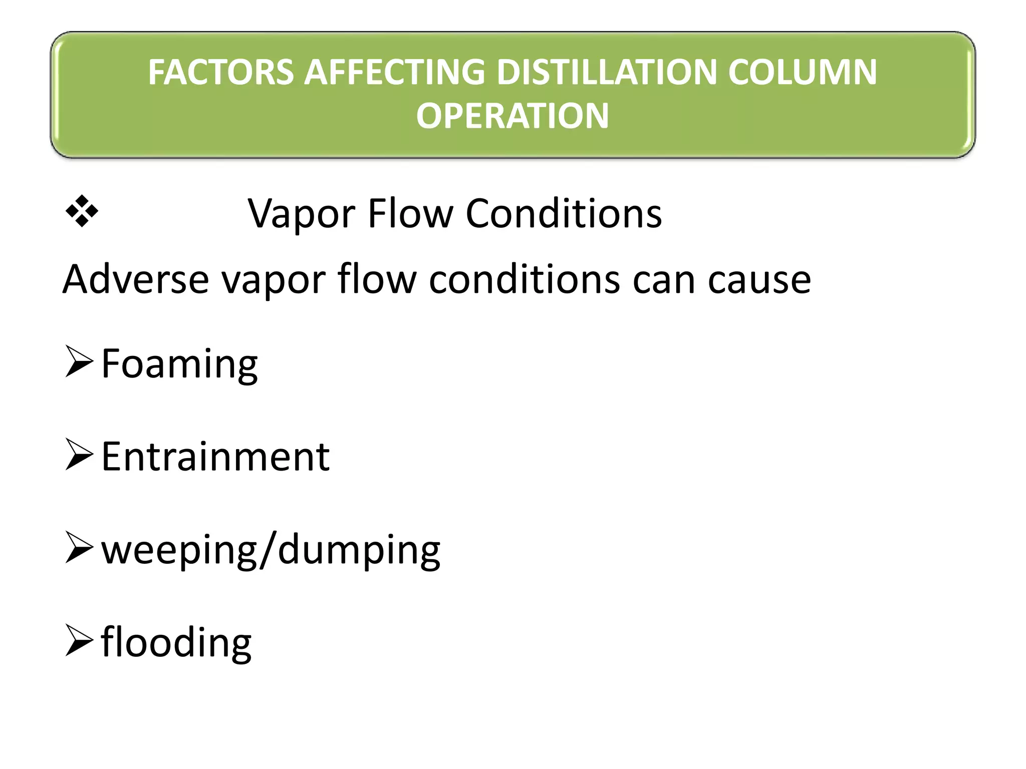 FACTORS AFFECTING DISTILLATION COLUMN
OPERATION
 Vapor Flow Conditions
Adverse vapor flow conditions can cause
Foaming
Entrainment
weeping/dumping
flooding
 