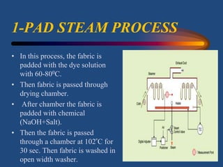 2-PAD DRY PROCESS
 Steps:
• Fabric is first padded in a padder with reactive dye in
presence of an alkali.
• 2-Padded fab...