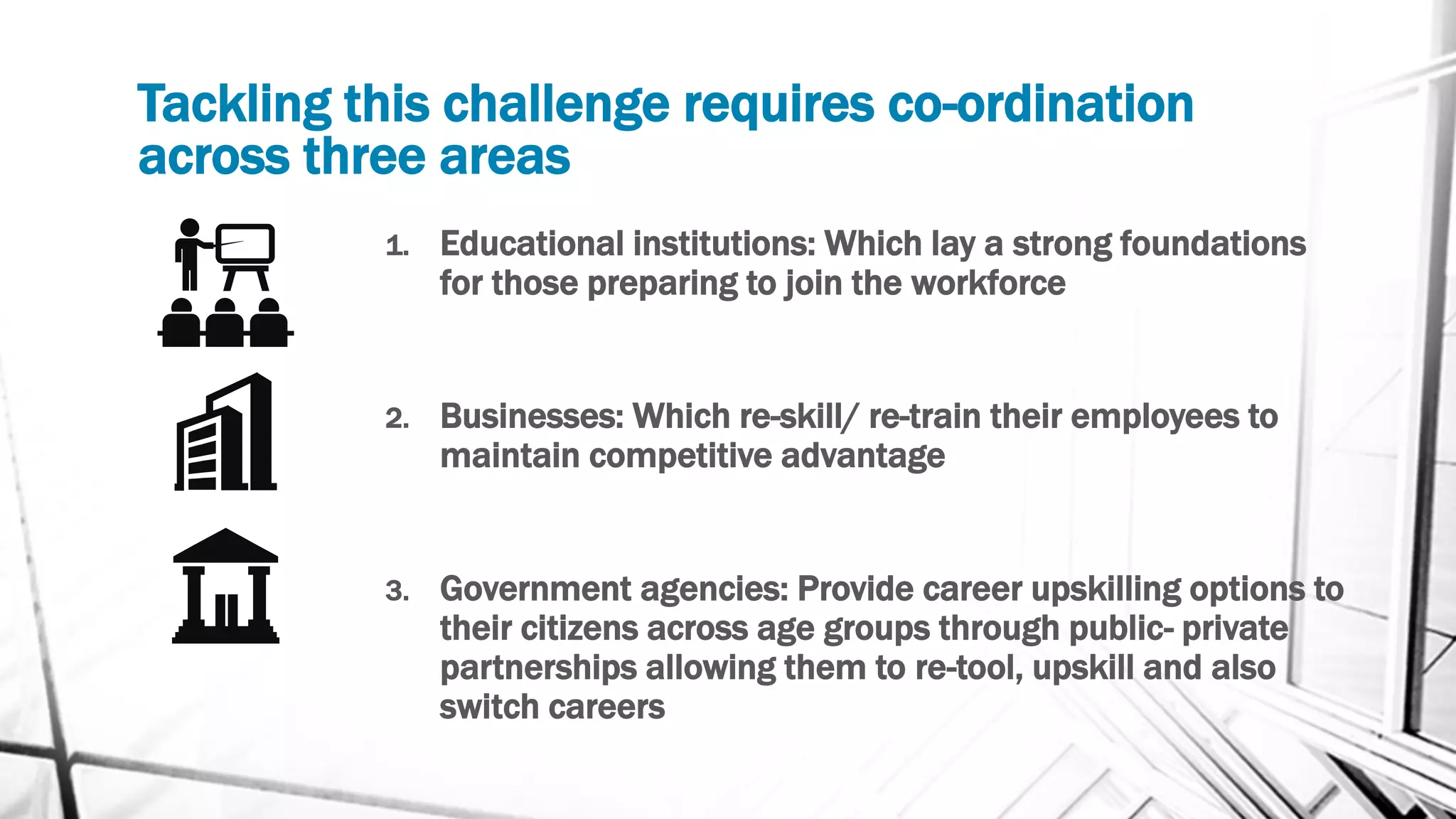 Tackling this challenge requires co-ordination
across three areas
1. Educational institutions: Which lay a strong foundations
for those preparing to join the workforce
2. Businesses: Which re-skill/ re-train their employees to
maintain competitive advantage
3. Government agencies: Provide career upskilling options to
their citizens across age groups through public- private
partnerships allowing them to re-tool, upskill and also
switch careers
 