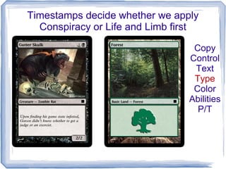 Timestamps decide whether we apply
Conspiracy or Life and Limb first
Copy
Control
Text
Type
Color
Abilities
P/T
 