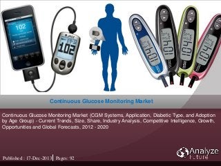 Continuous Glucose Monitoring Market
Continuous Glucose Monitoring Market (CGM Systems, Application, Diabetic Type, and Adoption
by Age Group) - Current Trends, Size, Share, Industry Analysis, Competitive Intelligence, Growth,
Opportunities and Global Forecasts, 2012 - 2020
Published : 17-Dec-2013 Pages: 92
 
