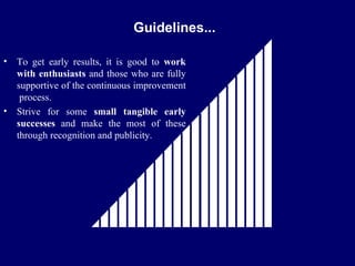 FICCI                                          CE

                               Guidelines...

•   To get early results, it is good to work
    with enthusiasts and those who are fully
    supportive of the continuous improvement
     process.
•   Strive for some small tangible early
    successes and make the most of these
    through recognition and publicity.
 