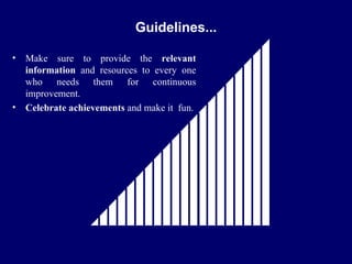 FICCI                                             CE

                                 Guidelines...

  •     Make sure to provide the relevant
        information and resources to every one
        who needs them for continuous
        improvement.
  •     Celebrate achievements and make it fun.
 
