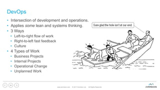 DevOps
• Intersection of development and operations.
• Applies some lean and systems thinking.
• 3 Ways
• Left-to-right flow of work
• Right-to-left fast feedback
• Culture
• 4 Types of Work
• Business Projects
• Internal Projects
• Operational Change
• Unplanned Work
www.ammeon.com © 2017 Ammeon Ltd. All Rights Reserved.
46
 