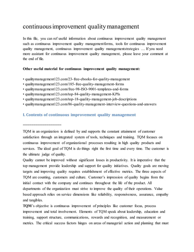 Continuous improvement quality management | DOCX | Business | Business ...