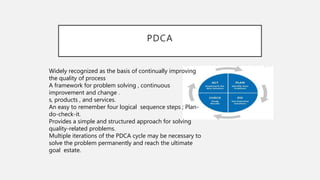 PDCA
Widely recognized as the basis of continually improving
the quality of process
A framework for problem solving , continuous
improvement and change .
s, products , and services.
An easy to remember four logical sequence steps ; Plan-
do-check-it.
Provides a simple and structured approach for solving
quality-related problems.
Multiple iterations of the PDCA cycle may be necessary to
solve the problem permanently and reach the ultimate
goal estate.
 