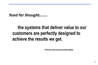 food for thought ..… the systems that deliver value to our customers are perfectly designed to achieve the results we get. - Unknown (but someone pretty bright) 