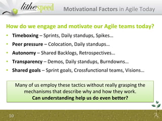 How do we engage and motivate our Agile teams today?
• Timeboxing – Sprints, Daily standups, Spikes…
• Peer pressure – Colocation, Daily standups…
• Autonomy – Shared Backlogs, Retrospectives…
• Transparency – Demos, Daily standups, Burndowns…
• Shared goals – Sprint goals, Crossfunctional teams, Visions…
10
Motivational Factors in Agile Today
Many of us employ these tactics without really grasping the
mechanisms that describe why and how they work.
Can understanding help us do even better?
 