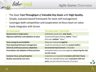 • The Goal: Fast Throughput of Valuable Key Goals with High Quality.
• Simple, outcome-based framework for team self-management
• Leverages both competition and cooperation to focus team on value
• Easily integrates with Scrum
24
Agile Game Overview
KEY CHALLENGES THE AGILE GAME’S SOLUTIONS
Shared vision in large teams Individuals cannot win, only Teams
Objective definition and validation of value Customers/Product Owners define “Value”
End users validate “Value”
Team energy & accountability Teams are measured together
Team-based performance management Funds for winning are built into project buffers
Active & continuous process adaptation Incremental improvement is rewarded
Formulation and adoption of best practices Innovative tactics are encouraged by measuring the end,
not the means
Customer focus and participation Customers are rewarded in tandem with their Teams
Quality assessed by real users Points are awarded based upon evaluation with real
users, not just internal measures of success
 