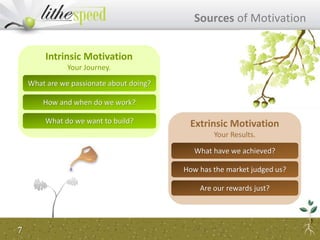 Sources of Motivation
Extrinsic Motivation
Your Results.
What have we achieved?
How has the market judged us?
Intrinsic Motivation
Your Journey.
What are we passionate about doing?
How and when do we work?
What do we want to build?
Are our rewards just?
7
 