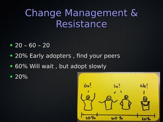 Change Management &Change Management &
ResistanceResistance
● 20 – 60 – 2020 – 60 – 20
● 20% Early adopters , fnd your peers20% Early adopters , fnd your peers
● 60% Will wait , but adopt slowly60% Will wait , but adopt slowly
● 20%20%
 