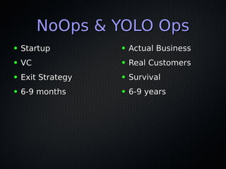 NoOps & YOLO OpsNoOps & YOLO Ops
● StartupStartup
● VCVC
● Exit StrategyExit Strategy
● 6-9 months6-9 months
● Actual BusinessActual Business
● Real CustomersReal Customers
● SurvivalSurvival
● 6-9 years6-9 years
 