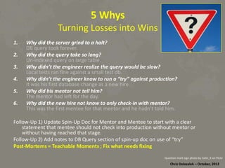 5	
  Whys	
  	
  

Turning	
  Losses	
  into	
  Wins	
  
1.  Why	
  did	
  the	
  server	
  grind	
  to	
  a	
  halt?	
  
DB	
  query	
  took	
  forever.	
  
2.  Why	
  did	
  the	
  query	
  take	
  so	
  long?	
  
Un-­‐indexed	
  query	
  on	
  large	
  table.	
  
3.  Why	
  didn’t	
  the	
  engineer	
  realize	
  the	
  query	
  would	
  be	
  slow?	
  
Local	
  tests	
  ran	
  ﬁne	
  against	
  a	
  small	
  test	
  db.	
  
4.  Why	
  didn’t	
  the	
  engineer	
  know	
  to	
  run	
  a	
  “try”	
  against	
  produc:on?	
  
It	
  was	
  his	
  ﬁrst	
  database	
  change	
  as	
  a	
  new	
  hire.	
  
5.  Why	
  did	
  his	
  mentor	
  not	
  tell	
  him?	
  
The	
  mentor	
  had	
  leD	
  for	
  the	
  day.	
  
6.  Why	
  did	
  the	
  new	
  hire	
  not	
  know	
  to	
  only	
  check-­‐in	
  with	
  mentor?	
  	
  
This	
  was	
  the	
  ﬁrst	
  mentee	
  for	
  that	
  mentor	
  and	
  he	
  hadn’t	
  told	
  him.	
  
	
  	
  
Follow-­‐Up	
  1)	
  Update	
  Spin-­‐Up	
  Doc	
  for	
  Mentor	
  and	
  Mentee	
  to	
  start	
  with	
  a	
  clear	
  
statement	
  that	
  mentee	
  should	
  not	
  check	
  into	
  produc*on	
  without	
  mentor	
  or	
  
without	
  having	
  reached	
  that	
  stage.	
  
Follow-­‐Up	
  2)	
  Add	
  notes	
  to	
  DB	
  Query	
  sec*on	
  of	
  spin-­‐up	
  doc	
  on	
  use	
  of	
  “try”	
  
Post-­‐Mortems	
  =	
  Teachable	
  Moments	
  ;	
  Fix	
  what	
  needs	
  ﬁxing	
  
Ques*on	
  mark	
  sign	
  photo	
  by	
  Colin_K	
  on	
  Flickr	
  

Chris	
  Dolezalek	
  –	
  October,	
  2012	
  

 