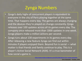 Zynga	
  Numbers	
  
•  Zynga’s	
  daily	
  highs	
  of	
  concurrent	
  players	
  is	
  equivalent	
  to	
  
everyone	
  in	
  the	
  city	
  of	
  Paris	
  playing	
  together	
  at	
  the	
  same	
  
*me.	
  That	
  happens	
  every	
  day.	
  The	
  games	
  are	
  always	
  changing	
  
and	
  the	
  devices	
  they’re	
  played	
  on	
  change	
  constantly.	
  Zynga	
  
releases	
  over	
  100	
  updates	
  across	
  all	
  its	
  games	
  every	
  day.	
  The	
  
company	
  once	
  released	
  more	
  than	
  1000	
  updates	
  in	
  one	
  week.	
  
Zynga	
  players	
  make	
  a	
  million	
  ac*ons	
  per	
  second.	
  
•  Zynga	
  runs	
  about	
  130	
  experiments	
  in	
  its	
  games	
  every	
  day.	
  
ADer	
  releasing	
  a	
  new	
  feature	
  Zynga	
  can	
  ﬁnd	
  out	
  within	
  
minutes	
  if	
  players	
  enjoyed	
  them.	
  Beyond	
  fun	
  is	
  social	
  —	
  what	
  
maRer	
  is	
  that	
  friends	
  and	
  family	
  con*nue	
  to	
  play.	
  This	
  is	
  a	
  
player’s	
  Ac*ve	
  Social	
  Network	
  (ASN).	
  It’s	
  a	
  true	
  barometer	
  of	
  
how	
  social	
  a	
  game	
  is.	
  
hRp://www.insidesocialgames.com/2012/06/26/live-­‐from-­‐zynga-­‐unleashed	
  	
  
Chris	
  Dolezalek	
  –	
  October,	
  2012	
  

 