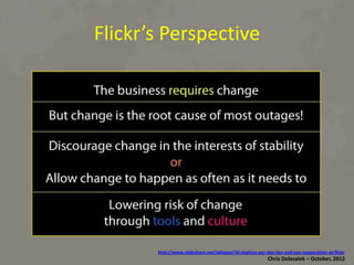 Flickr’s	
  Perspec*ve	
  

hQp://www.slideshare.net/jallspaw/10-­‐deploys-­‐per-­‐day-­‐dev-­‐and-­‐ops-­‐coopera8on-­‐at-­‐ﬂickr	
  

Chris	
  Dolezalek	
  –	
  October,	
  2012	
  

 