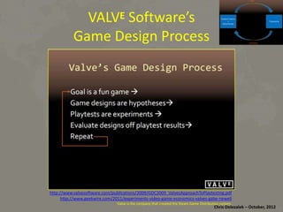 VALVE	
  SoDware’s	
  	
  
Game	
  Design	
  Process	
  

hRp://www.valvesoDware.com/publica*ons/2009/GDC2009_ValvesApproachToPlaytes*ng.pdf	
  
hRp://www.geekwire.com/2011/experiments-­‐video-­‐game-­‐economics-­‐valves-­‐gabe-­‐newell	
  
Valve	
  is	
  the	
  company	
  that	
  created	
  the	
  Steam	
  Game	
  Distribu*on	
  system.	
  

Chris	
  Dolezalek	
  –	
  October,	
  2012	
  

 