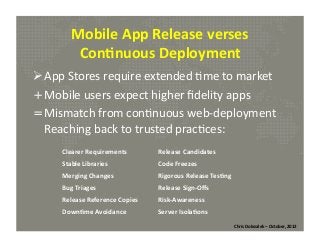 Mobile	
  App	
  Release	
  verses	
  
Con8nuous	
  Deployment	
  
  pp	
  Stores	
  require	
  extended	
  *me	
  to	
  market	
  
A
+  obile	
  users	
  expect	
  higher	
  ﬁdelity	
  apps	
  
M
=  ismatch	
  from	
  con*nuous	
  web-­‐deployment	
  
M
Reaching	
  back	
  to	
  trusted	
  prac*ces:	
  
Clearer	
  Requirements	
  

Release	
  Candidates	
  

Stable	
  Libraries	
  

Code	
  Freezes	
  

Merging	
  Changes	
  

Rigorous	
  Release	
  Tes8ng	
  

Bug	
  Triages	
  

Release	
  Sign-­‐Oﬀs	
  

Release	
  Reference	
  Copies	
  

Risk-­‐Awareness	
  

Down8me	
  Avoidance	
  

Server	
  Isola8ons	
  
Chris	
  Dolezalek	
  –	
  October,	
  2012	
  

 