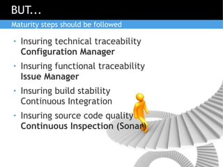BUT...
Maturity steps should be followed

●   Insuring technical traceability
    Configuration Manager
●   Insuring functional traceability
    Issue Manager
●   Insuring build stability
    Continuous Integration
●   Insuring source code quality
    Continuous Inspection (Sonar)
 