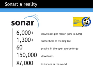 Sonar: a reality




     6,000+        downloads per month (300 in 2008)

     1,300+        subscribers to mailing list

     60            plugins in the open source forge

     150,000       downloads


     X?,000        instances in the world
 