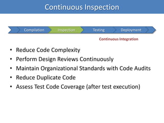 • Reduce Code Complexity
• Perform Design Reviews Continuously
• Maintain Organizational Standards with Code Audits
• Reduce Duplicate Code
• Assess Test Code Coverage (after test execution)
Continuous Inspection
Compilation Inspection Testing Deployment
Continuous Integration
 