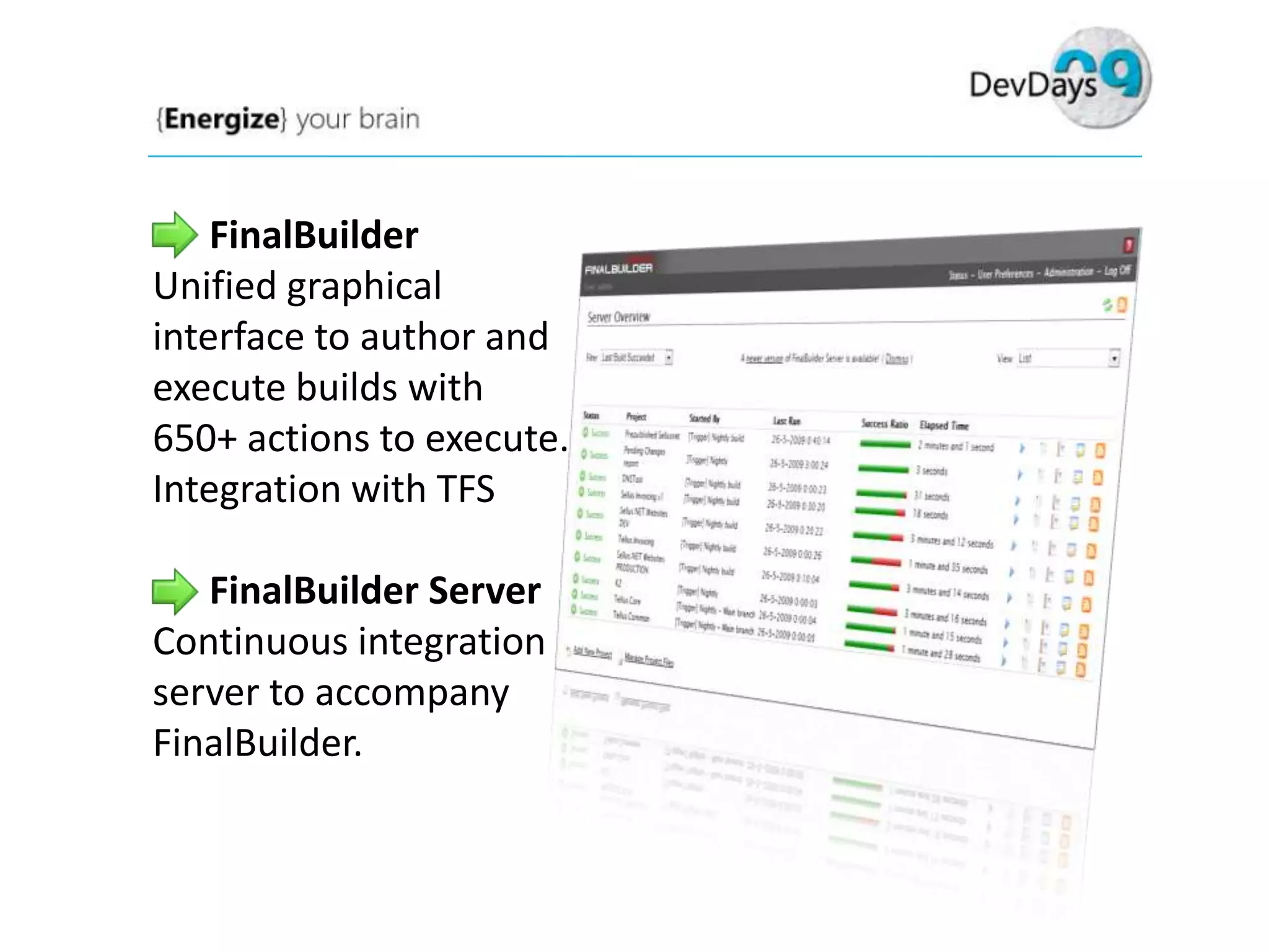 FinalBuilder
Unified graphical
interface to author and
execute builds with
650+ actions to execute.
Integration with TFS
FinalBuilder Server
Continuous integration
server to accompany
FinalBuilder.

 