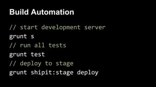 Build Automation
// start development server
grunt s
// run all tests
grunt test
// deploy to stage
grunt shipit:stage deploy
 