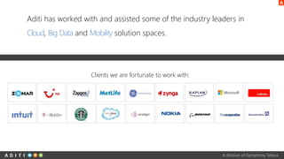 A division of Symphony Teleca
Aditi has worked with and assisted some of the industry leaders in
Cloud, Big Data and Mobility solution spaces.
Clients we are fortunate to work with:
 