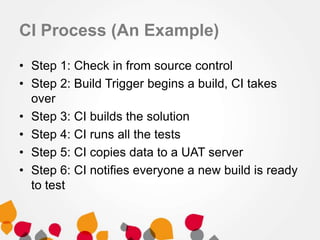 CI Process (An Example)
• Step 1: Check in from source control
• Step 2: Build Trigger begins a build, CI takes
over
• Step 3: CI builds the solution
• Step 4: CI runs all the tests
• Step 5: CI copies data to a UAT server
• Step 6: CI notifies everyone a new build is ready
to test
 