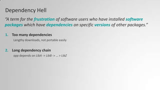 Dependency Hell
1. Too many dependencies
Lengthy downloads, not portable easily
2. Long dependency chain
app depends on LibA -> LibB -> … > LibZ
“A term for the frustration of software users who have installed software
packages which have dependencies on specific versions of other packages.”
 