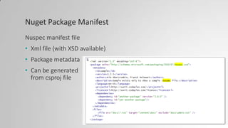 Nuget Package Manifest
Nuspec manifest file
• Xml file (with XSD available)
• Package metadata
• Can be generated
from csproj file
 