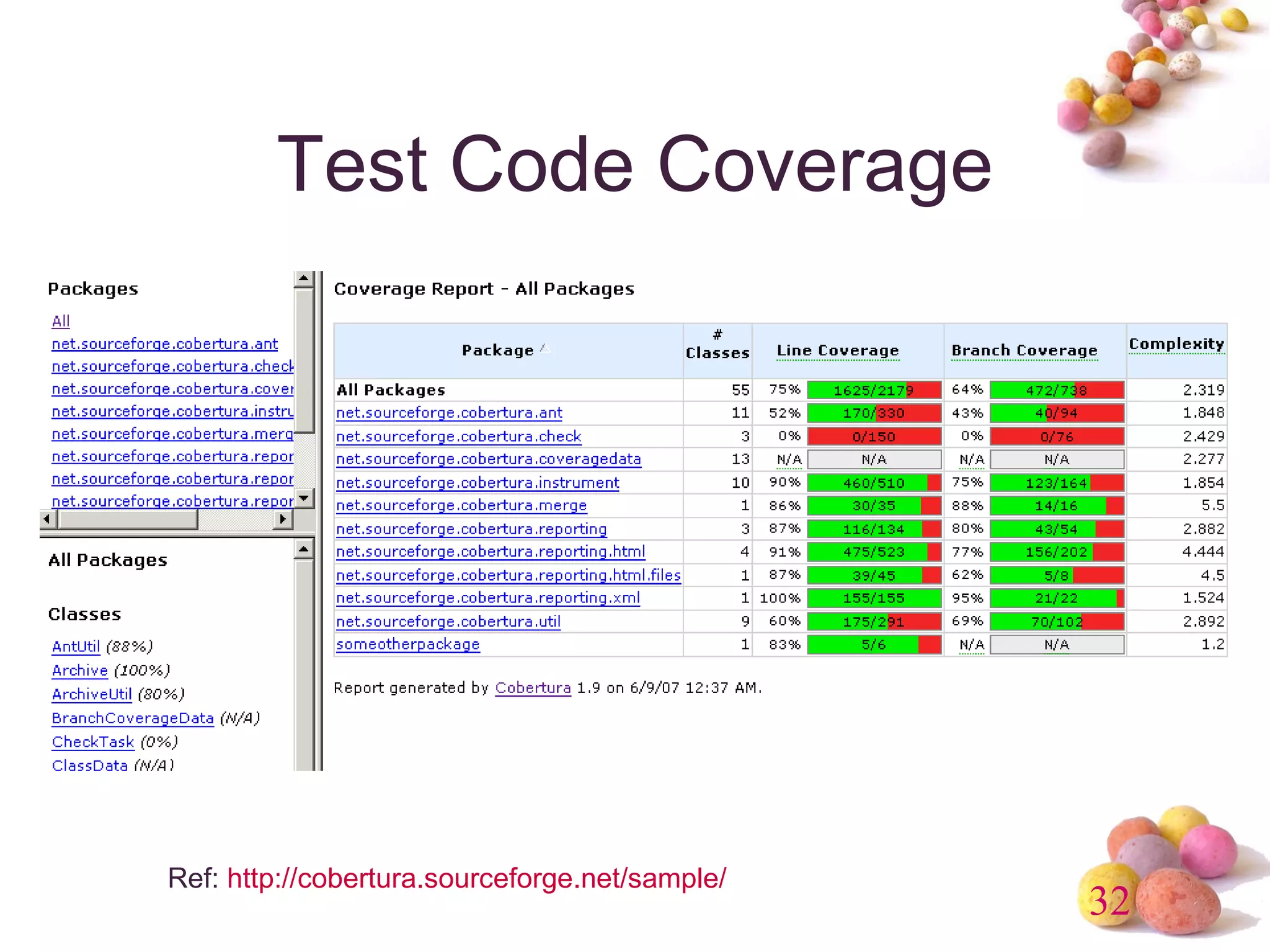 Test Code Coverage Ref:  http://cobertura.sourceforge.net/sample/ 