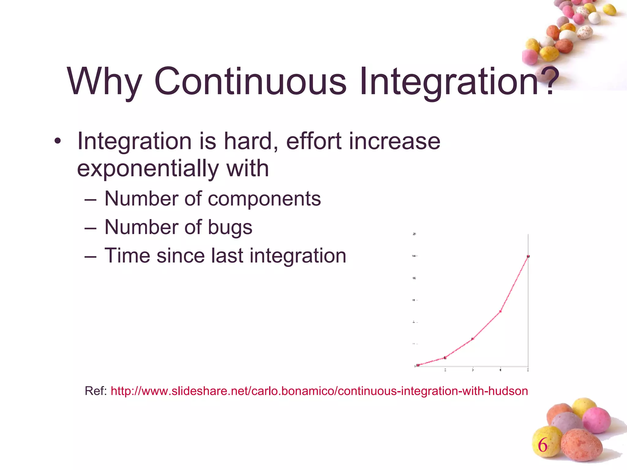 Why Continuous Integration? Integration is hard, effort increase exponentially with Number of components Number of bugs Time since last integration Ref:  http://www.slideshare.net/carlo.bonamico/continuous-integration-with-hudson 