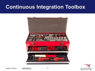 Continuous Integration Toolbox




Stephen D. Ritchie   #DCAEC12   11
 