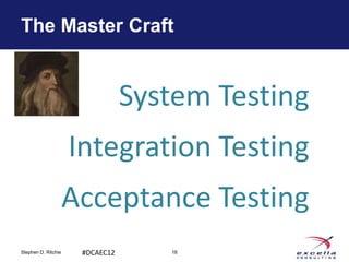 The Master Craft


                                 System Testing
                     Integration Testing
                     Acceptance Testing
Stephen D. Ritchie    #DCAEC12      18
 