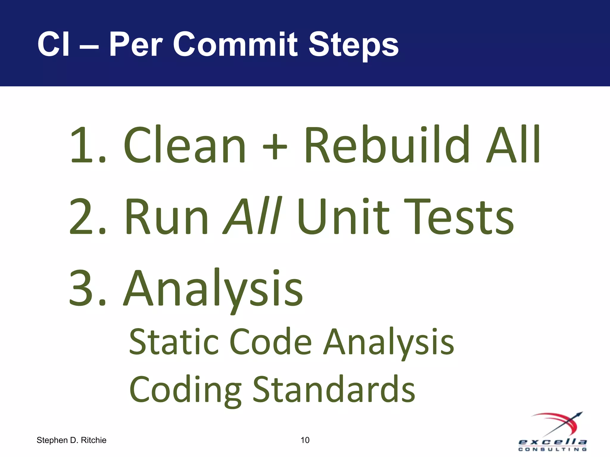 CI – Per Commit Steps


       1. Clean + Rebuild All
       2. Run All Unit Tests
       3. Analysis
                     Static Code Analysis
                     Coding Standards
Stephen D. Ritchie             10
 