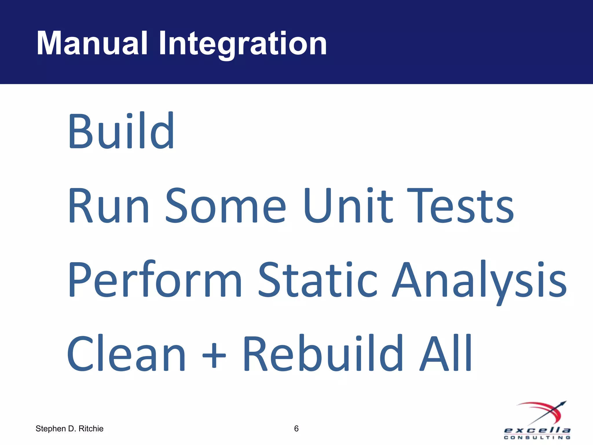 Manual Integration

       Build
       Run Some Unit Tests
       Perform Static Analysis
       Clean + Rebuild All
Stephen D. Ritchie   6
 