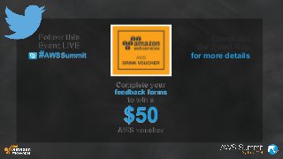 Follow this
Event LIVE
#AWSSummit
Check out
the Event App
for more details
Complete your
feedback forms
to win a
$50AWS vo...