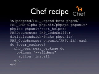 Chef recipe
%w{pdepend/PHP_Depend-beta phpmd/
PHP_PMD-alpha phpunit/phpcpd phpunit/
phploc phpunit/test_helpers
PHPDocumentor PHP_CodeSniffer
digitalsandwich/Phake phpunit/
PHP_CodeBrowser phpunit/PHPUnit}.each
do |pear_package|
  php_pear pear_package do
    options "--alldeps"
     action :install
  end
end
 